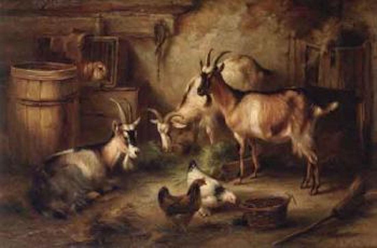 Goats and chickens in a stable by Edgar Hunt
