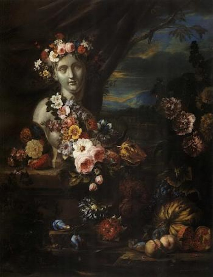 Garland of flowers around bust by Abraham Brueghel