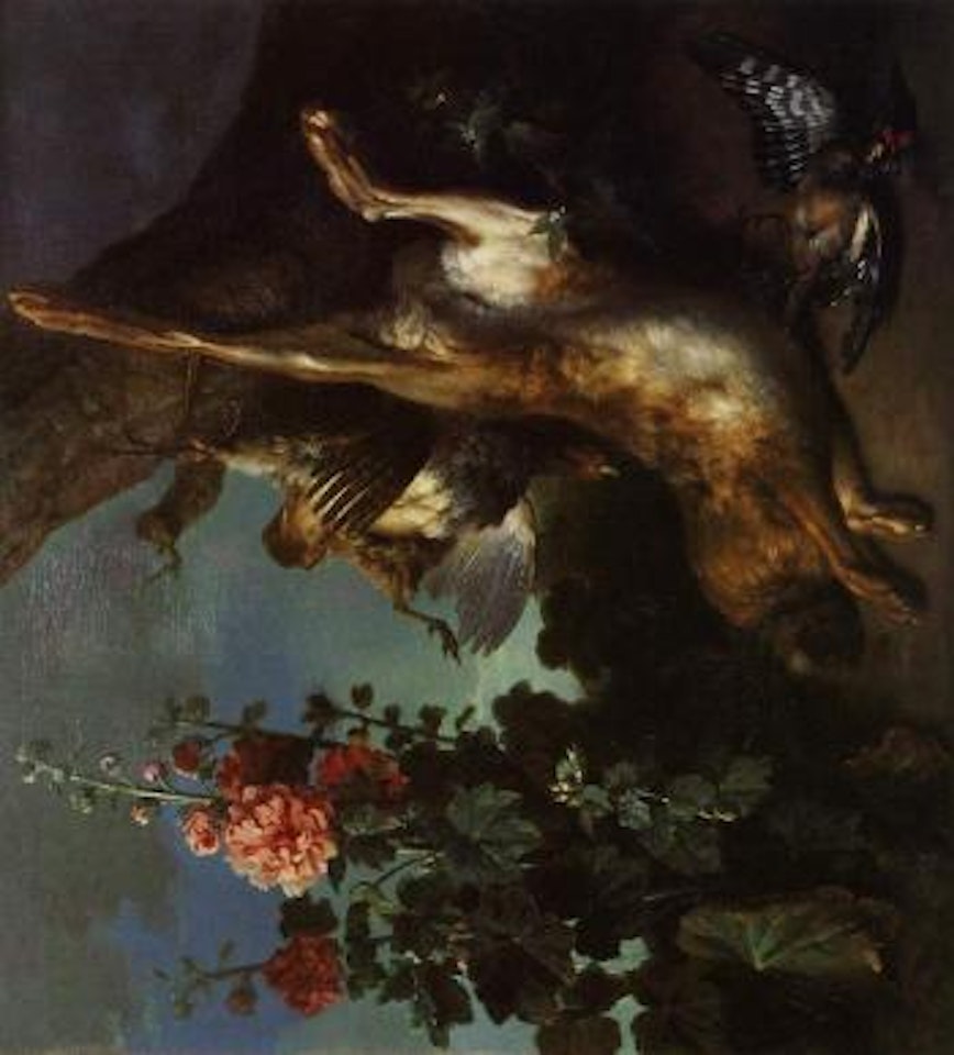 Nature morte au lievre et perdreau gris attaches a un tronc d'arbre by Jean-Baptiste Oudry