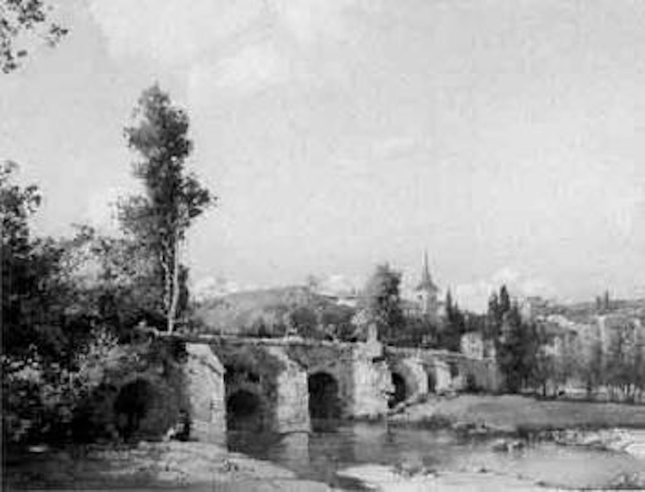Figures on a bridge leading to a village by Noel Harry Leaver