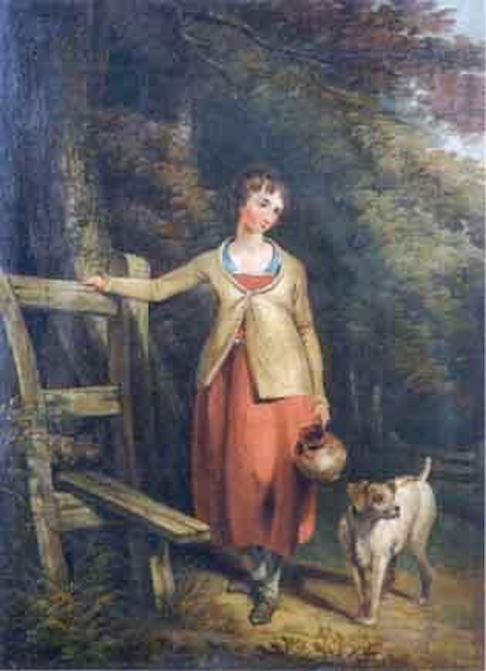Maid with milk jug and dog resting by the stile by Richard Westall
