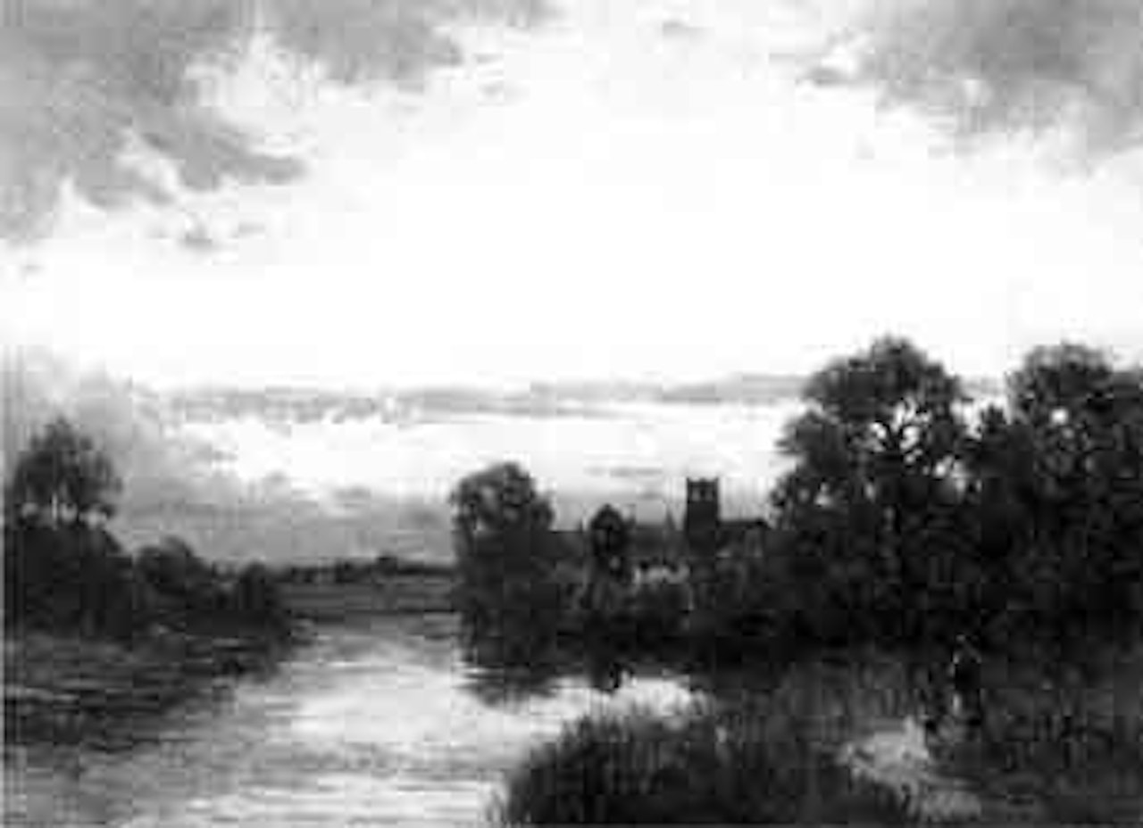 Figures walking at dusk by the river Trent by Campbell Mellon