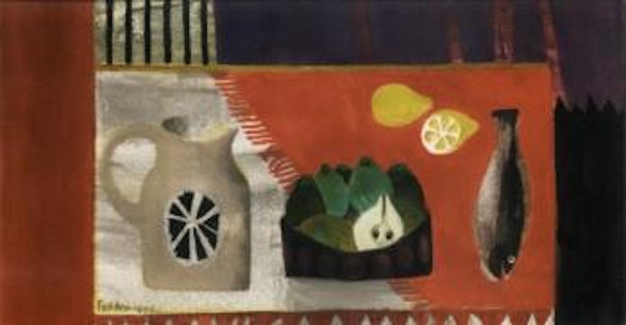 Red tablecloth by Mary Fedden