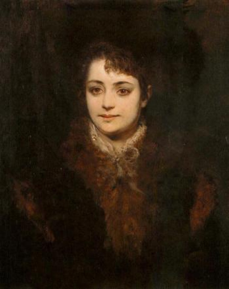 Portrait of a lady in a black hat and fur trimmed coat by Hans Makart