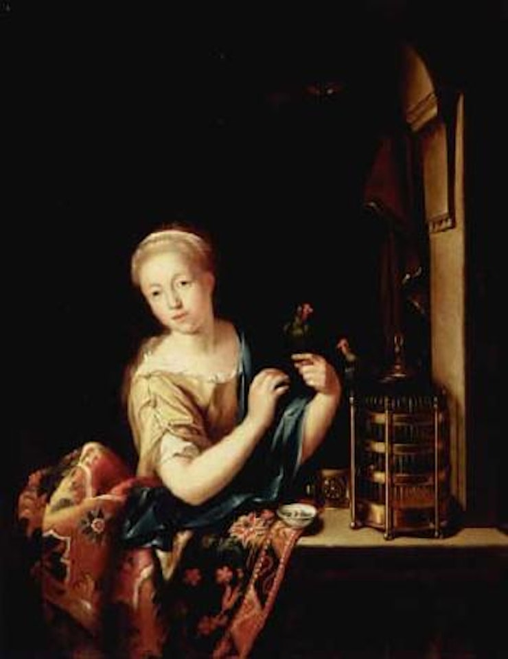 Young girl at window, holding parrot by Willem van Mieris