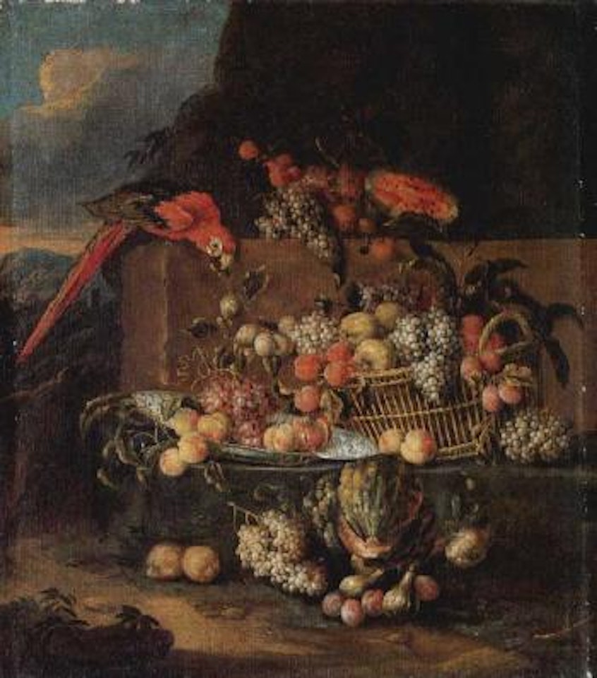 Still life of fruit in basket with parrot in landscape by Jan Pauwel Gillemans