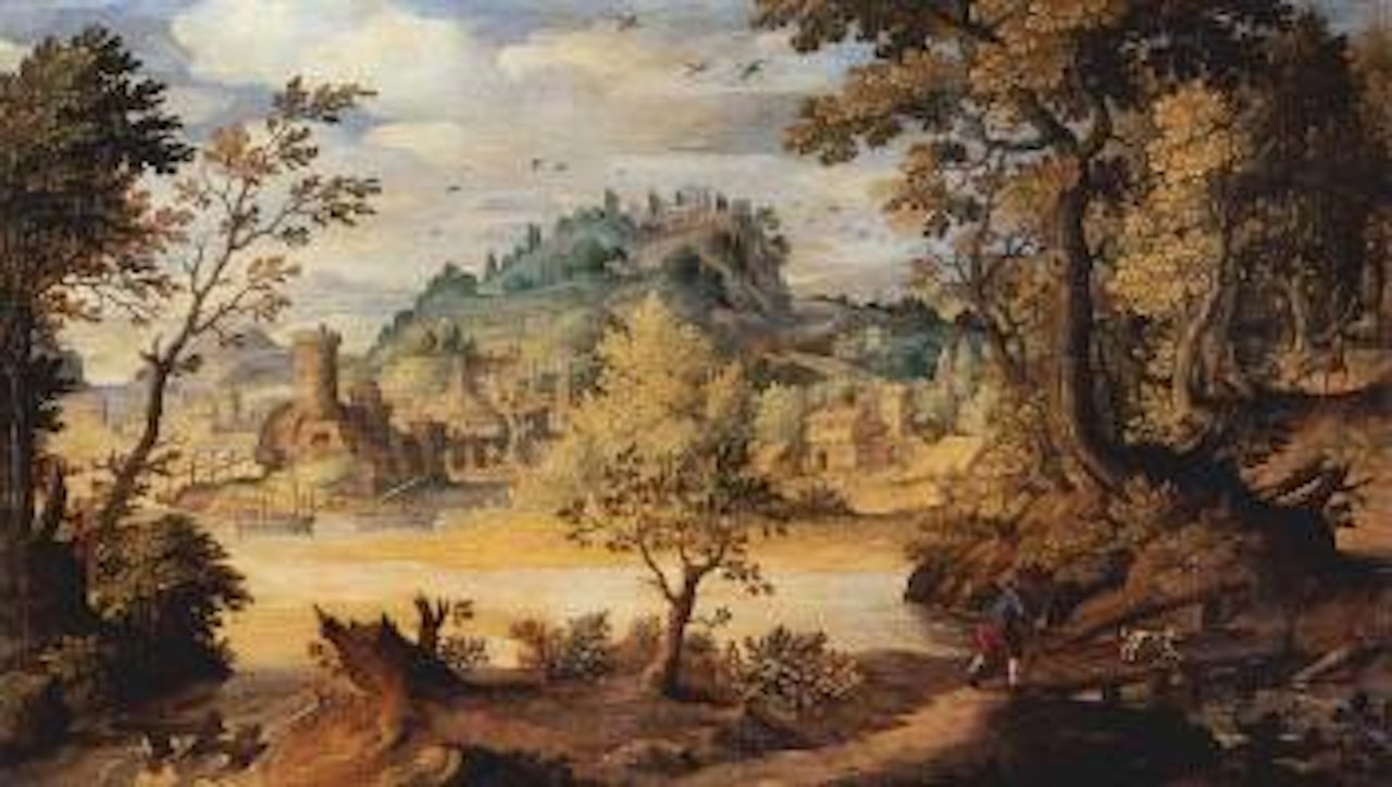 River landscape with traveller crossing bridge by Paul Bril