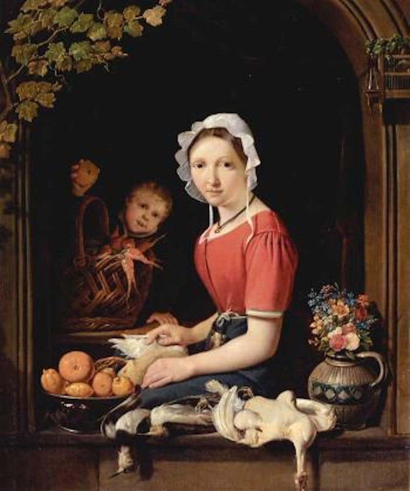 Young woman seated at window plucking fowl, boy behind holding apple by Dutch School
