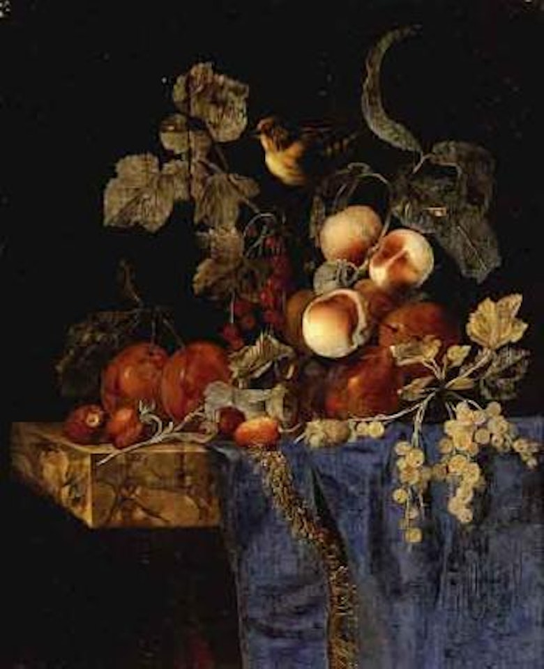 Still life of apricots, plums, red and white currants by Willem van Aelst
