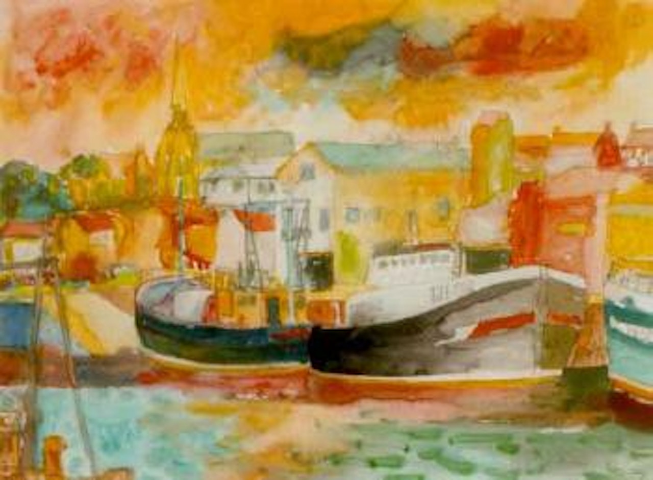 Fishing boats in a harbour by John Bellany