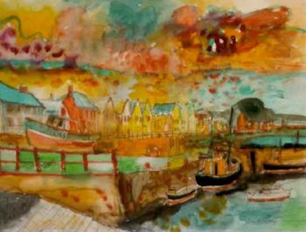 Fishing boats in a harbour by John Bellany