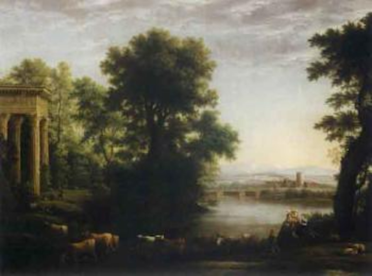 Pastoral landscape with drovers and cattle fording a river before a classical portico by Claude Lorrain