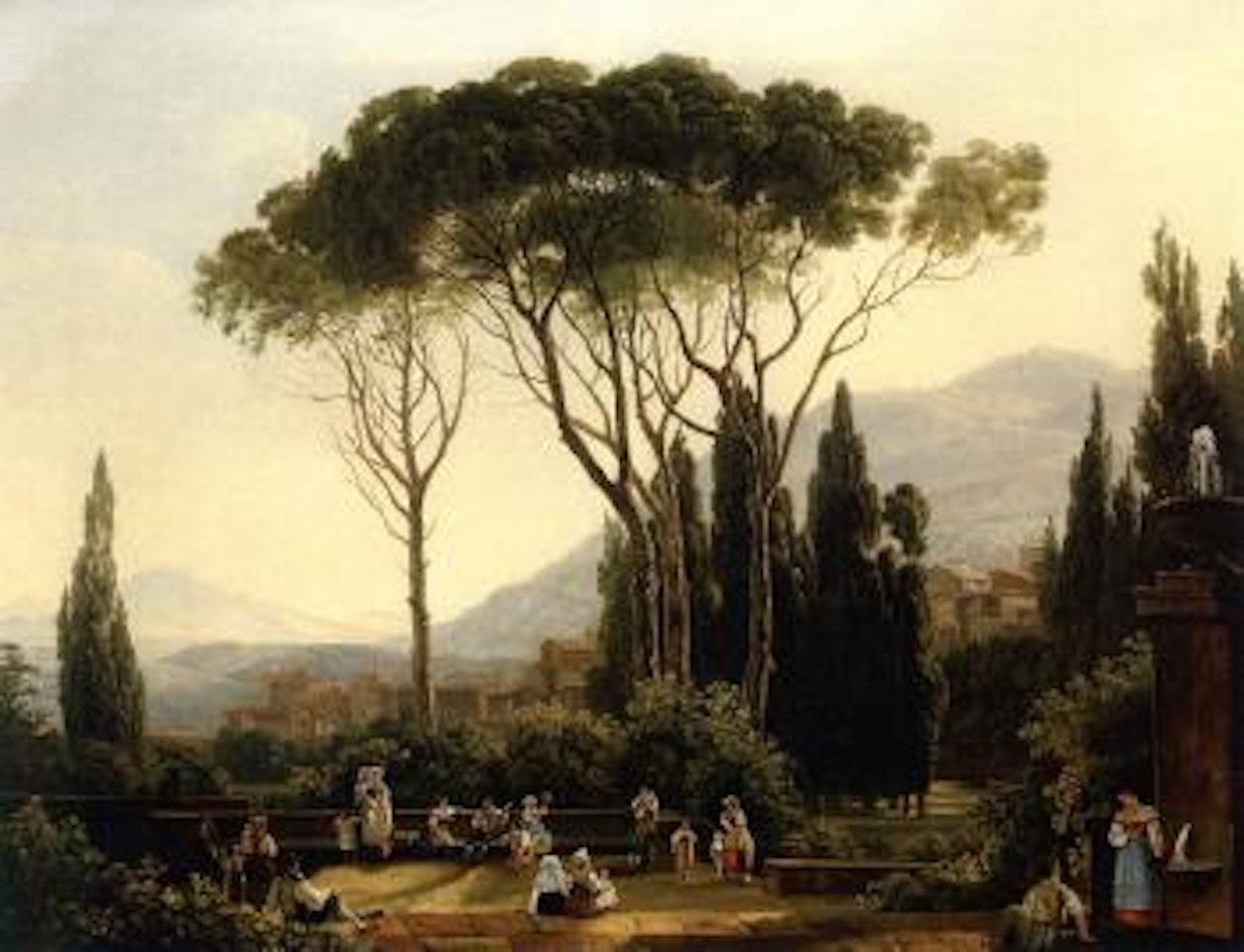Italianate landscape with figures on a terrace overlooking a village by Italian School