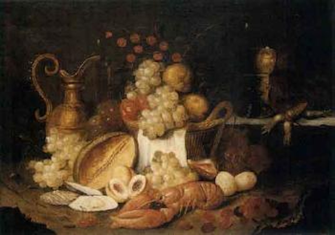 Still life with a lobster, grapes, melon and roemer by Jan Pauwel Gillemans
