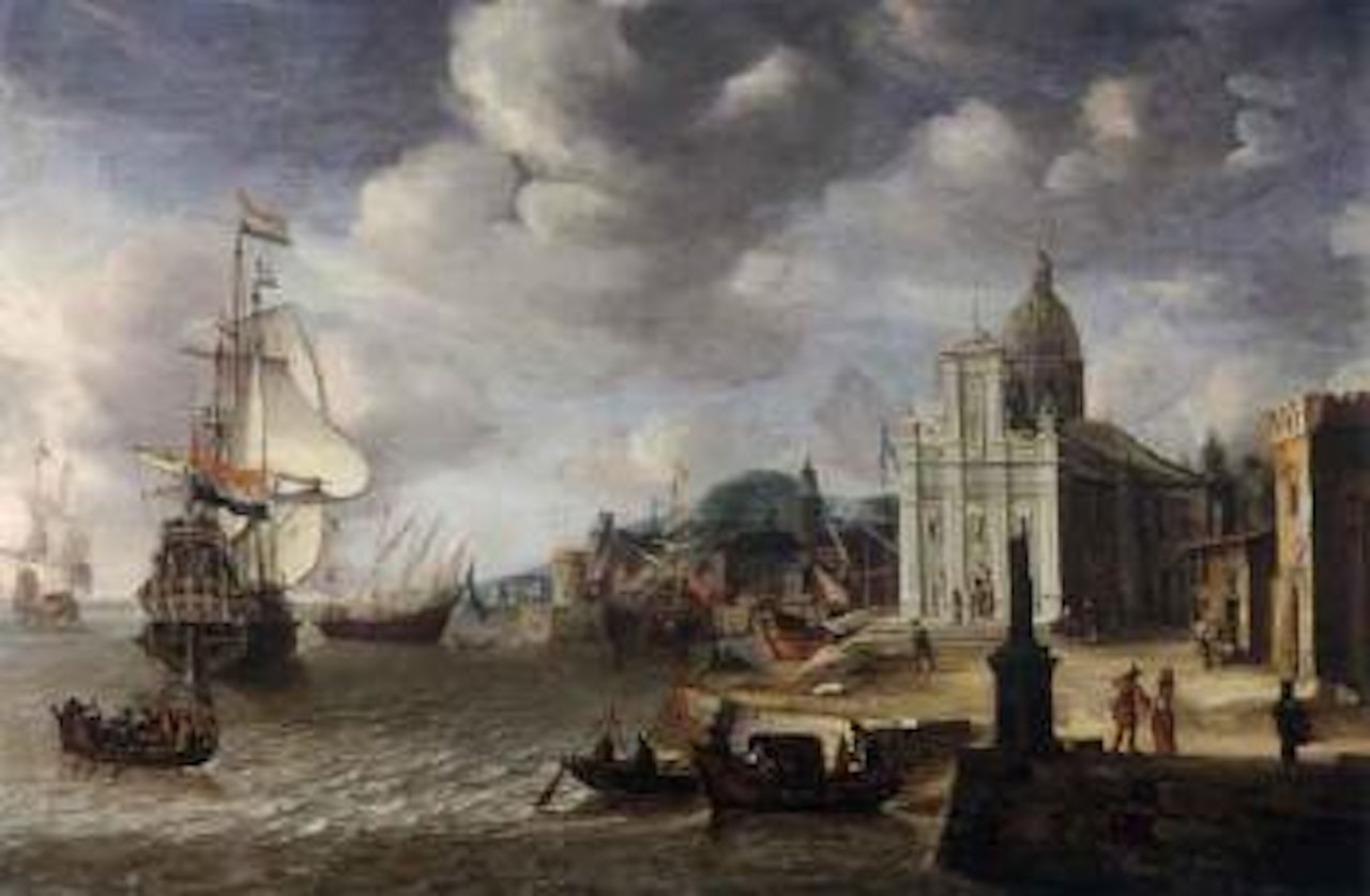 Mediterranean harbour scene with a Dutch man-o-war by Jan Abrahamsz. Beerstraten