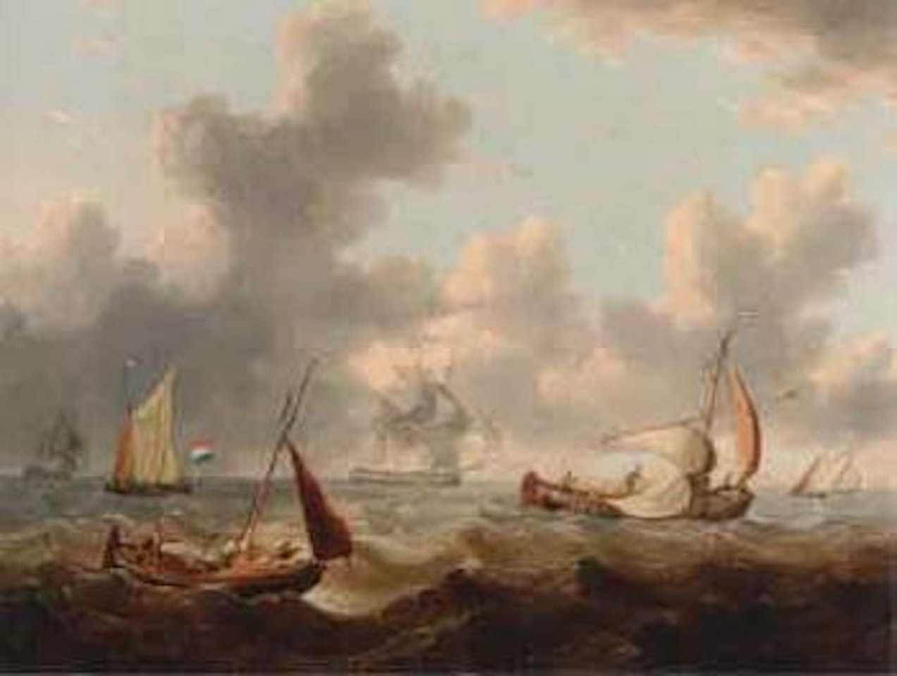 Frigate with fishing boats off a Dutch coast in choppy seas by Charles Martin Powell