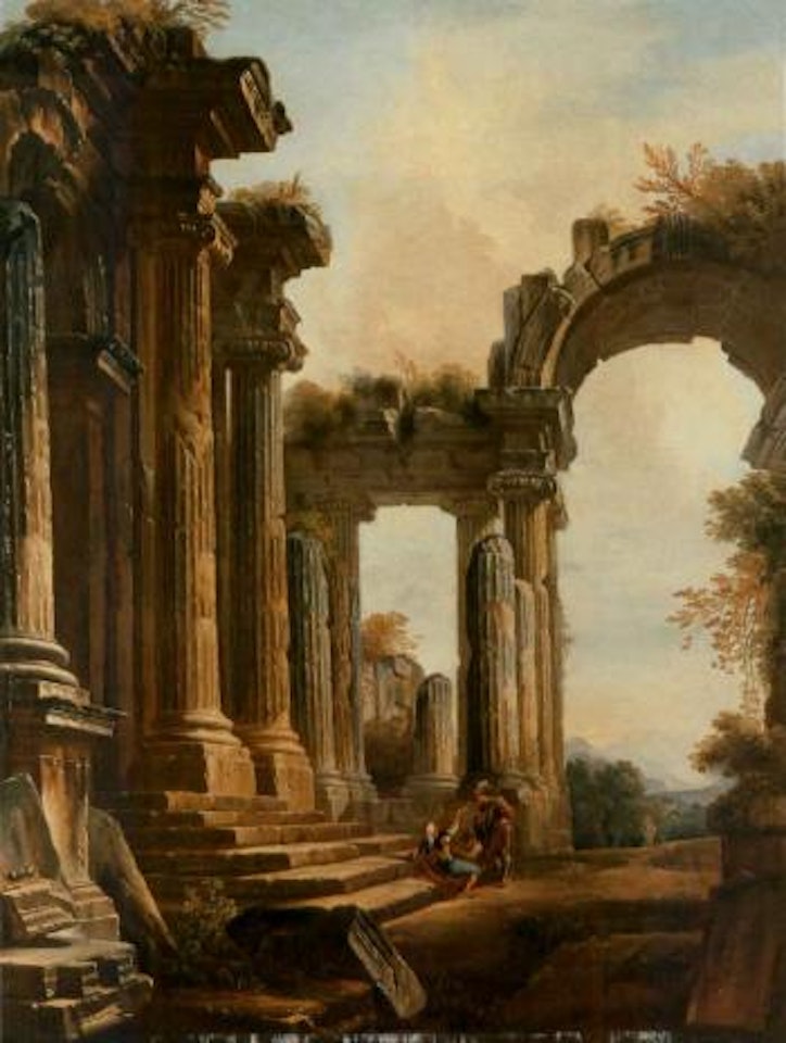 Capriccio of classical ruins with three men conversing at the steps of a temple, landscape beyond by Hubert Robert
