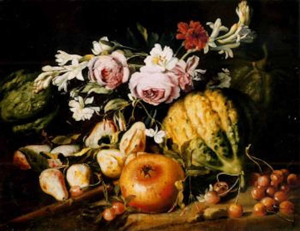 Melons, figs, cherries and mixed flowers in a clearing by Abraham Brueghel