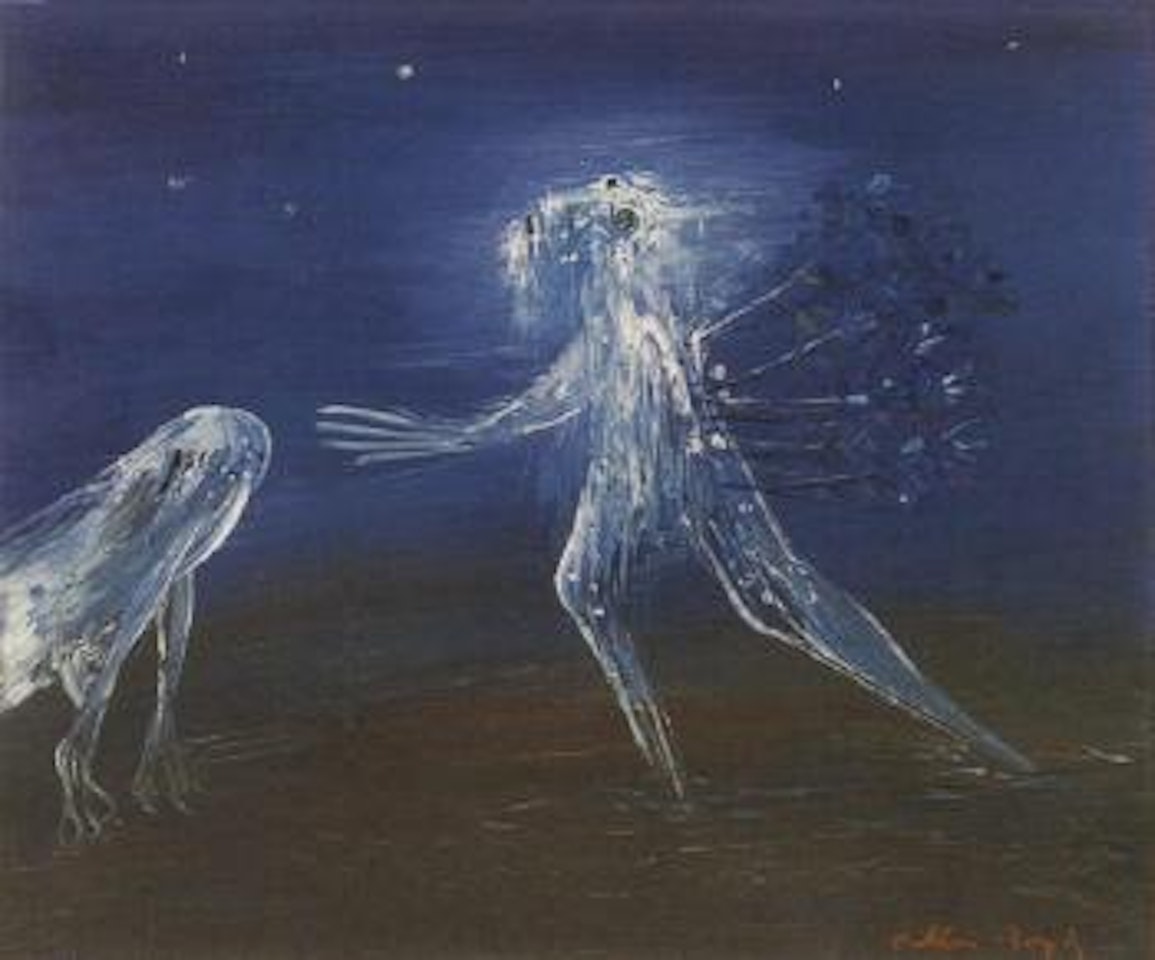 White Nebuchadnezzar, blind, and white dog on a starry night by Arthur Merric Bloomfield Boyd