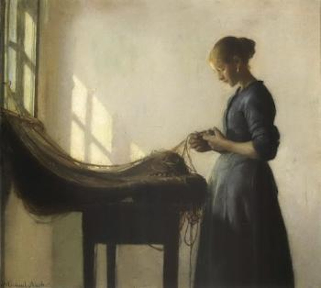 Young fishergirl putting stones on net by Michael Ancher