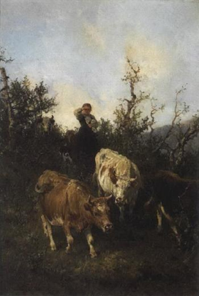 Milkmaid and cows in thicket by Anders Monsen Askevold