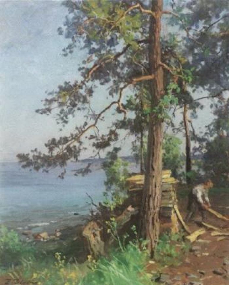 Stacking logs at water's edge by Even Ulving