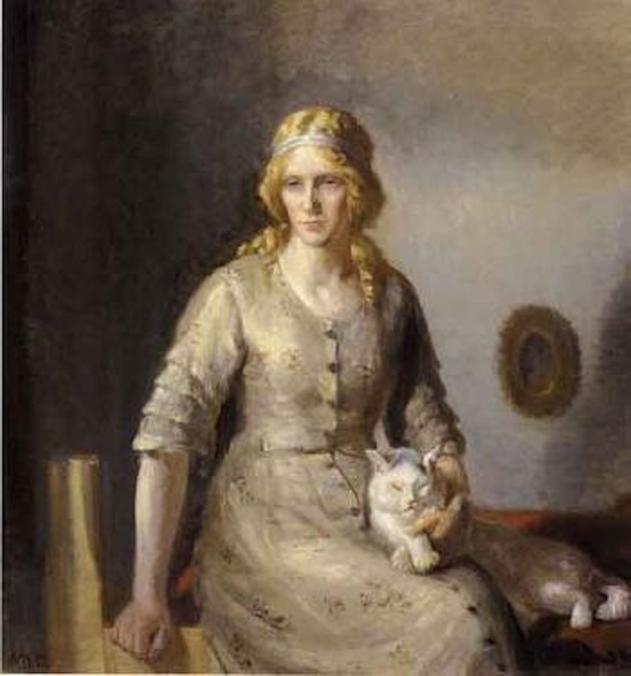 Cinderella - young girl seated by fireplace with cat by Michael Ancher