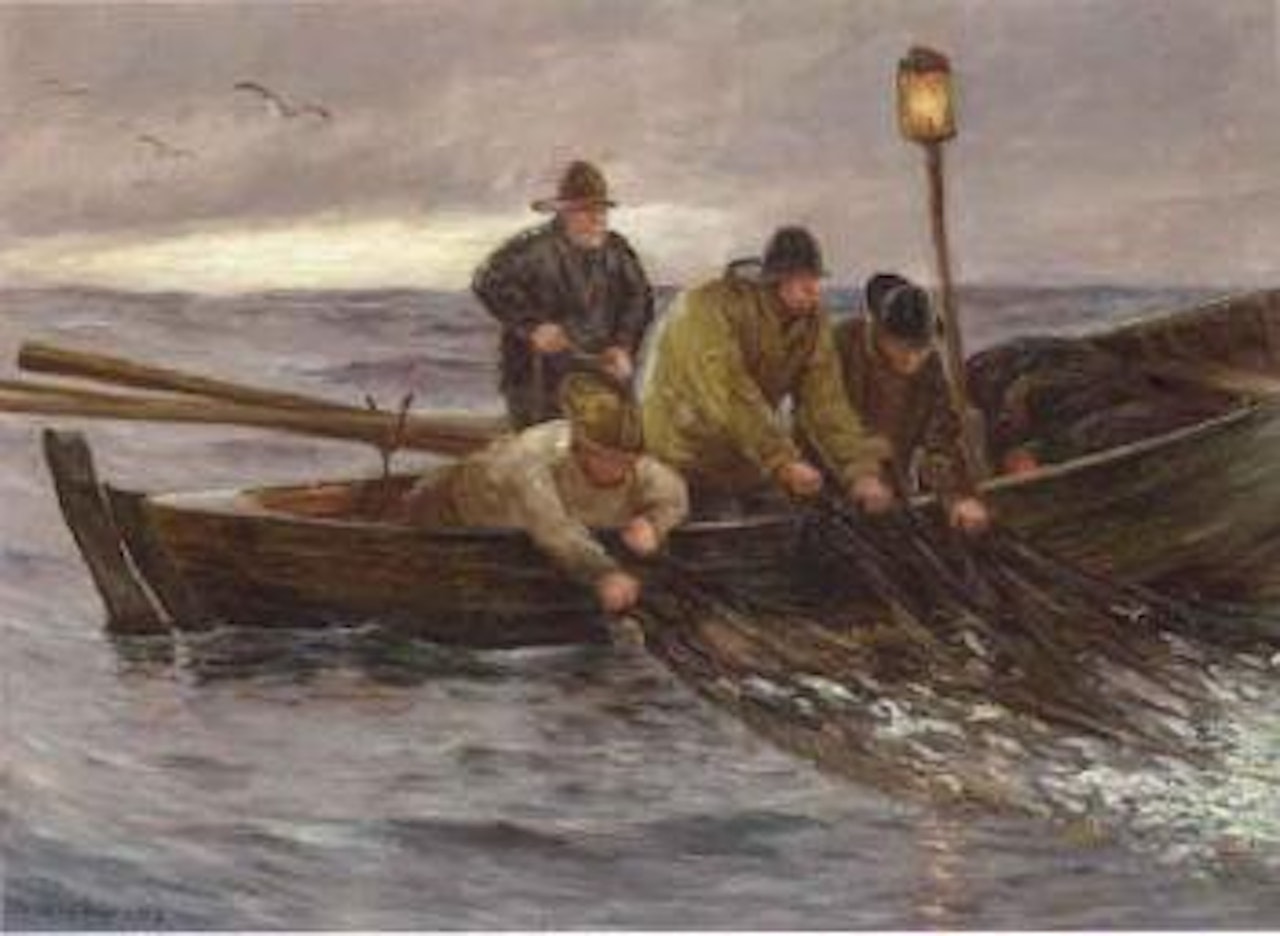 Fishermen pulling in net from boat by Michael Ancher