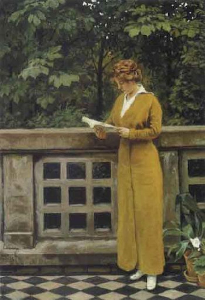 The artist's wife Martha Vilhelmine reading on a terrace by Paul Fischer