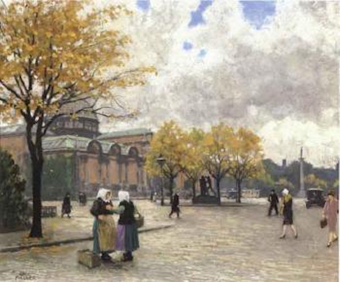 Figures walking in town in autumn by Paul Fischer