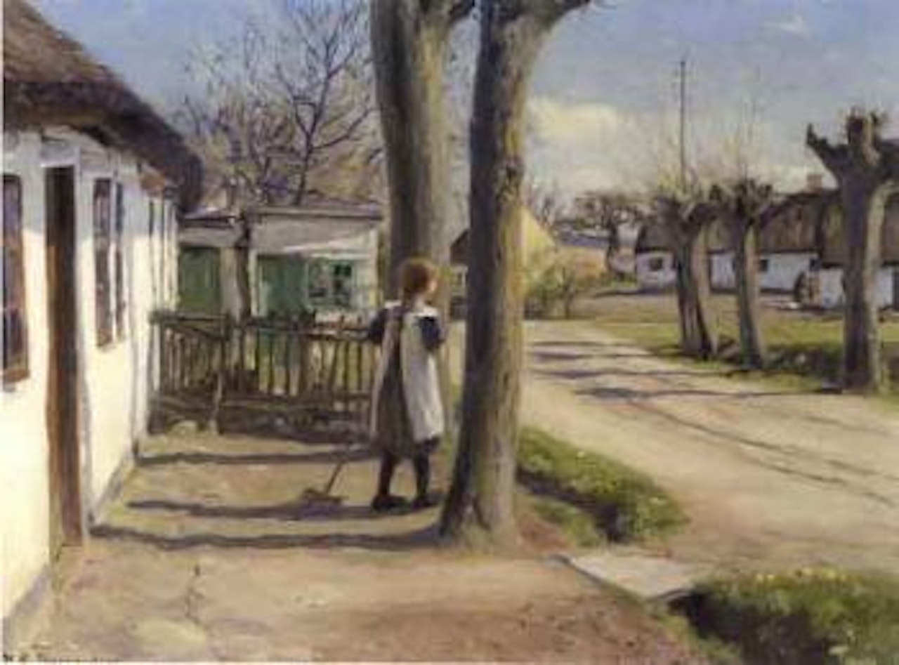 Small girl outside a house in Hjembaek by Hans Andersen Brendekilde