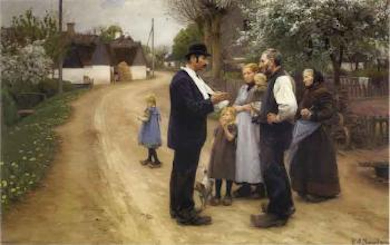 From a village in Fyn - gentleman telling curious villagers about his adventures by Hans Andersen Brendekilde