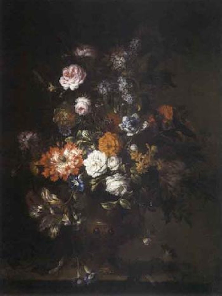 Bouquet of roses, tulips and poppies in vase on ledge by Dutch School