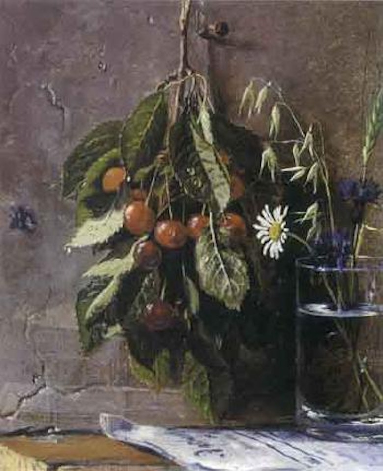 Still life of branch of cherries, wild flowers in vase and fly on wall by Peder Mork Monsted