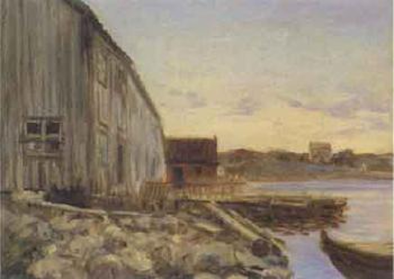 Bay with boat house by Christian Krohg