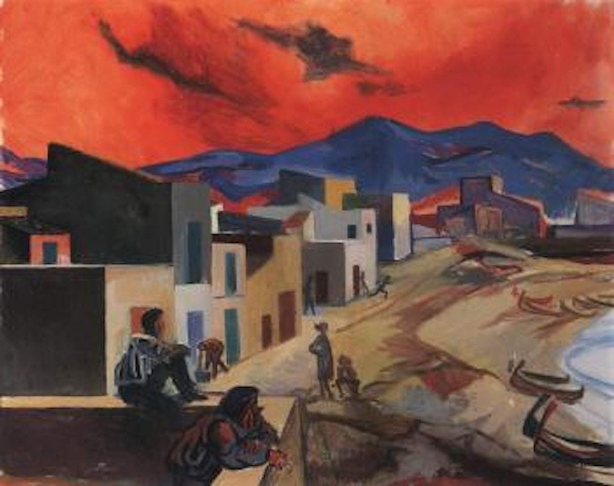 Village with red sky by Renato Guttuso