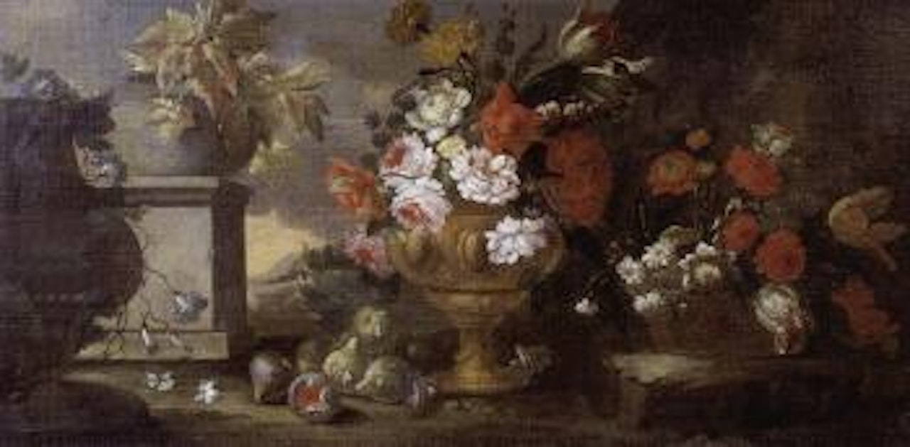 Vases de fleurs sur entablement by French School