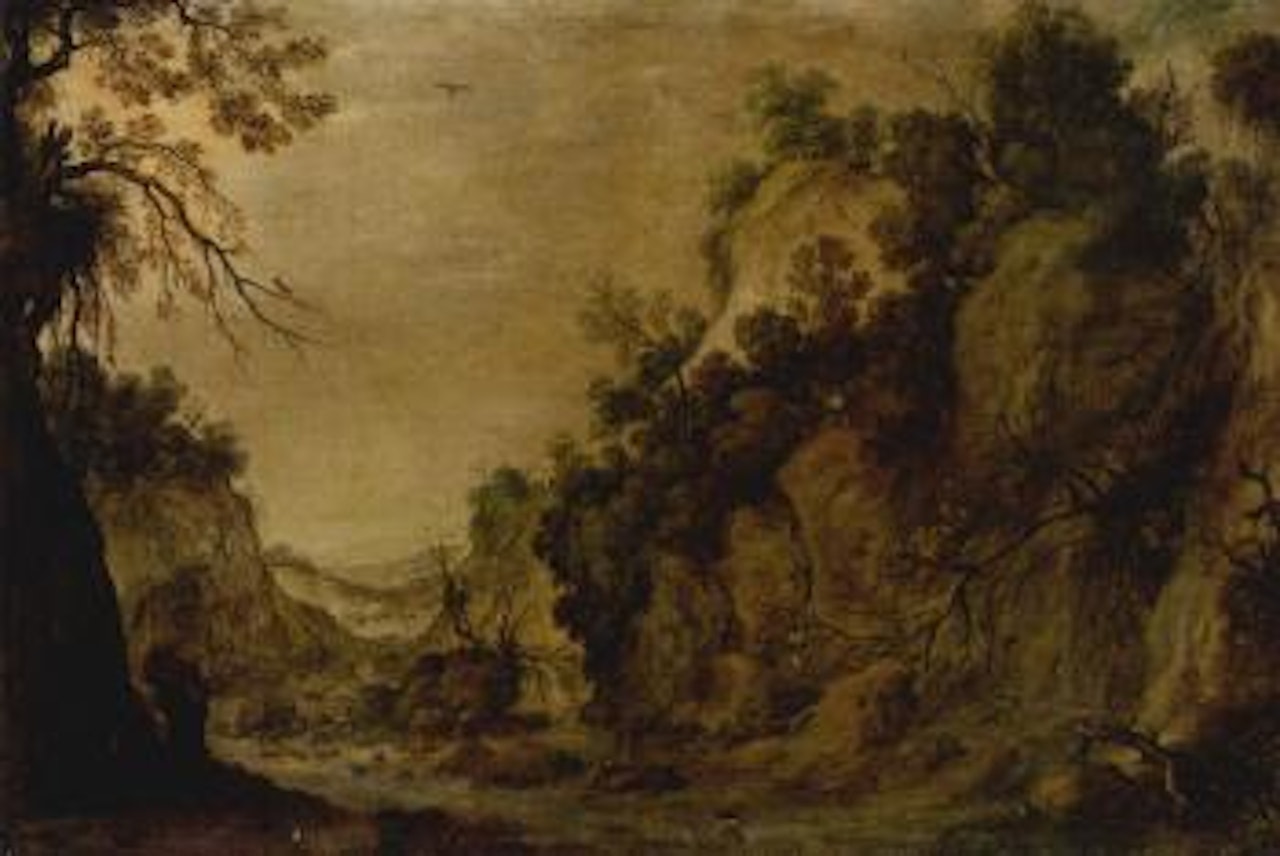 Rocky landscape with waterfall and two figures by a river by Tobias Verhaecht