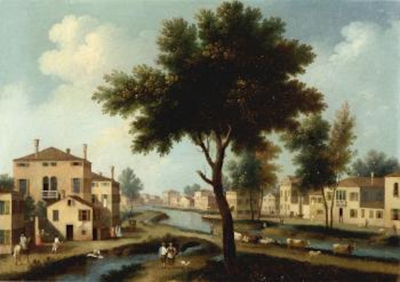 Italianate landscapes with figures and cattle, fishermen in a town by Giovanni Battista Cimaroli
