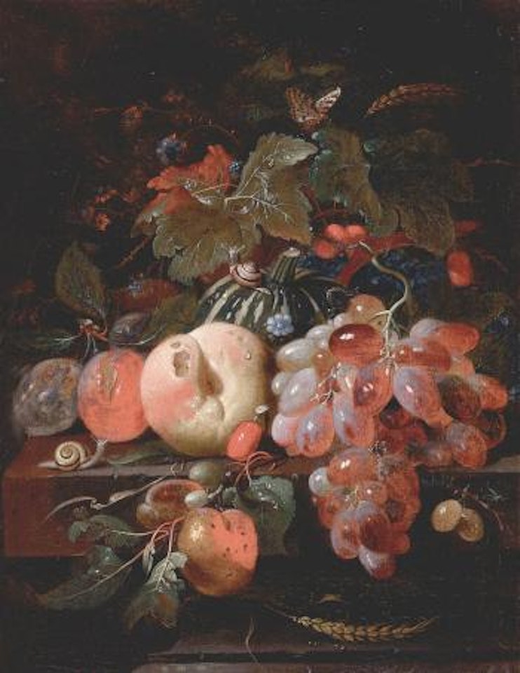 Grapes, plums, peach a melon and cherries on a stone ledge, with a snails by Cornelis de Heem