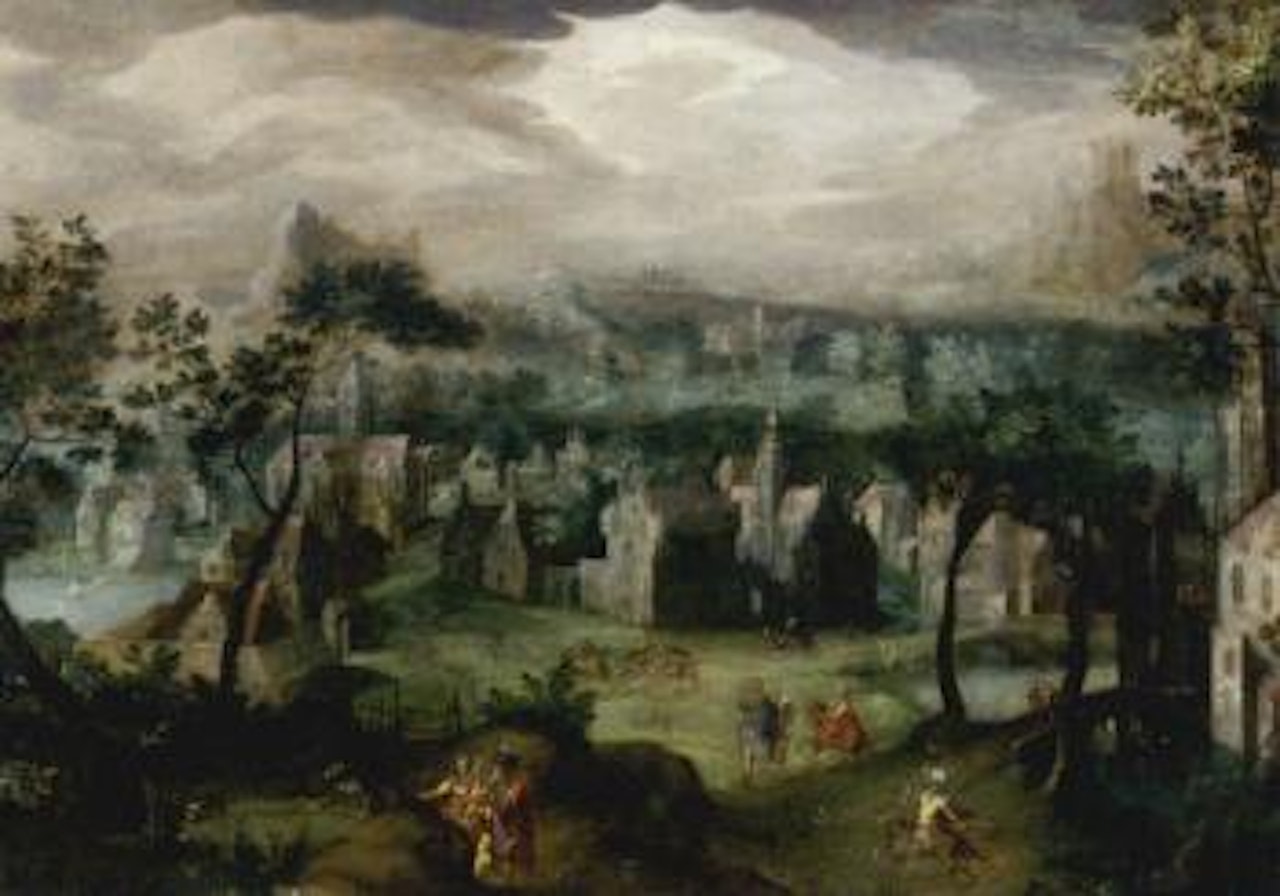 Extensive landscape with elegant company and villagers, a village beyond by Anton Mirou