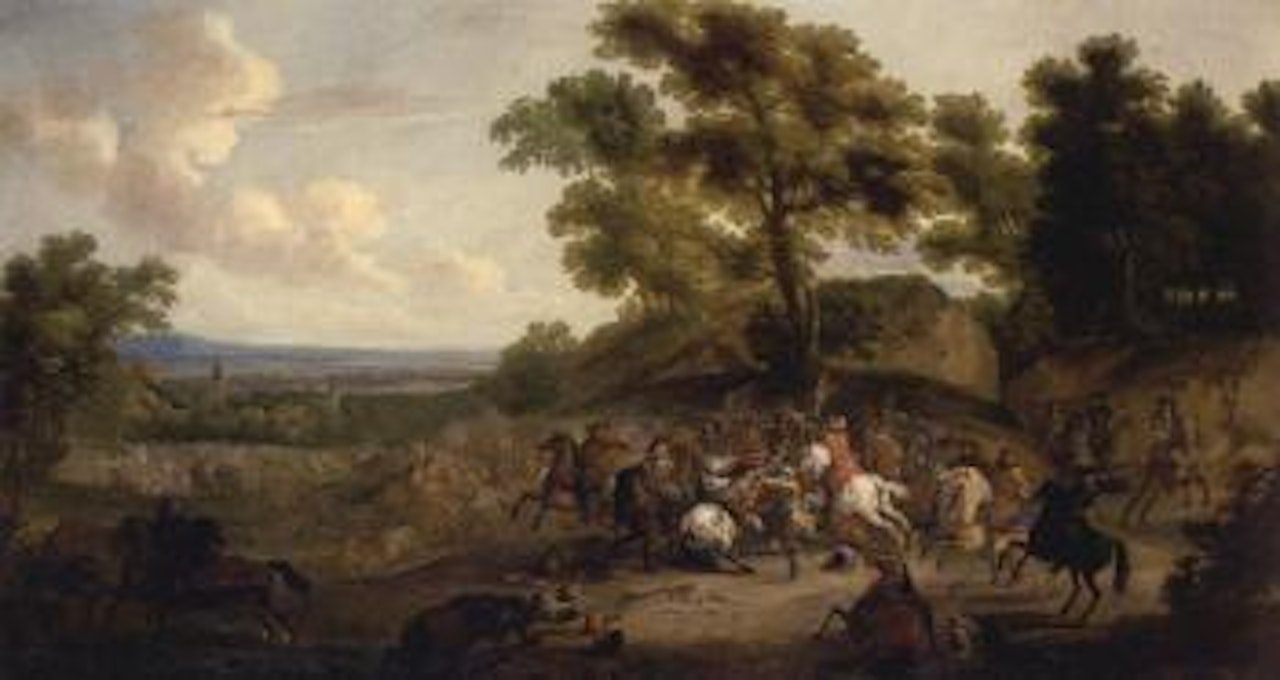 Extensive landscape with a cavalry battle, church beyond by Flemish School