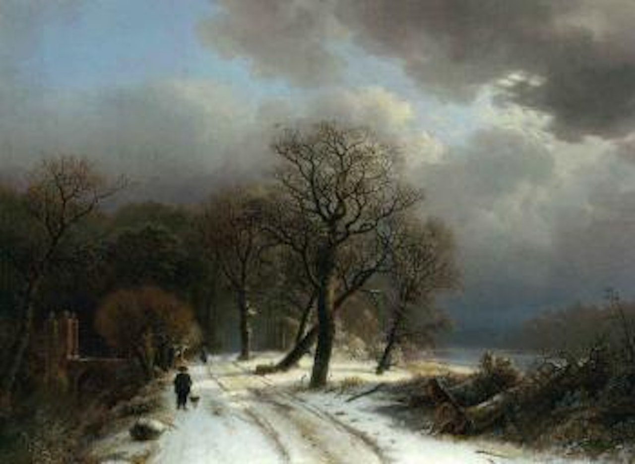 Figure walking a dog on a path in winter landscape by Barend Cornelis Koekkoek