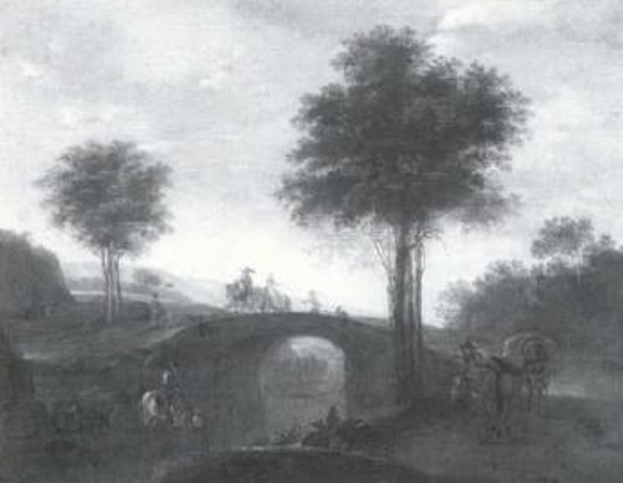 Travellers crossing a stone bridge by Dutch School