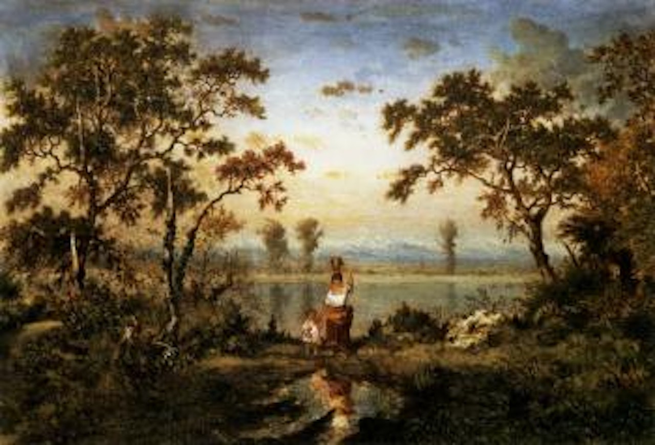 Femme et enfant au bord d'un lac by Théodore Rousseau