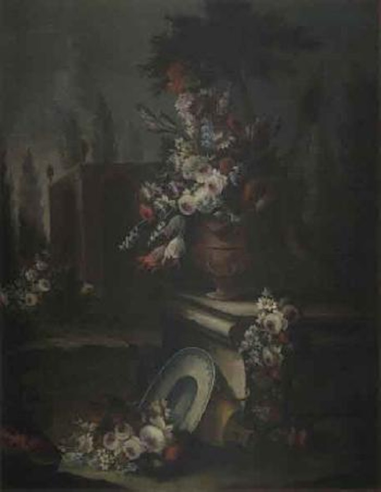 Vase of flowers in landscape by Neapolitan School