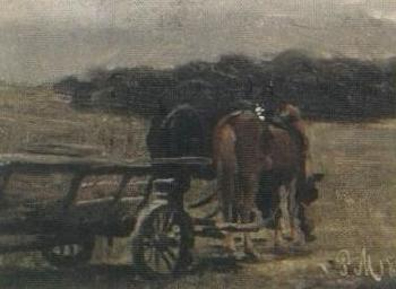 Horses grazing in front of wagon by Peder Mork Monsted