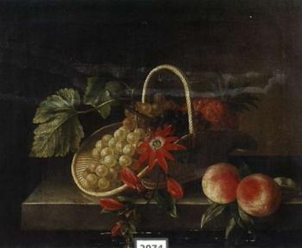 Still life of flowers and fruit on ledge by Hanne Hellesen