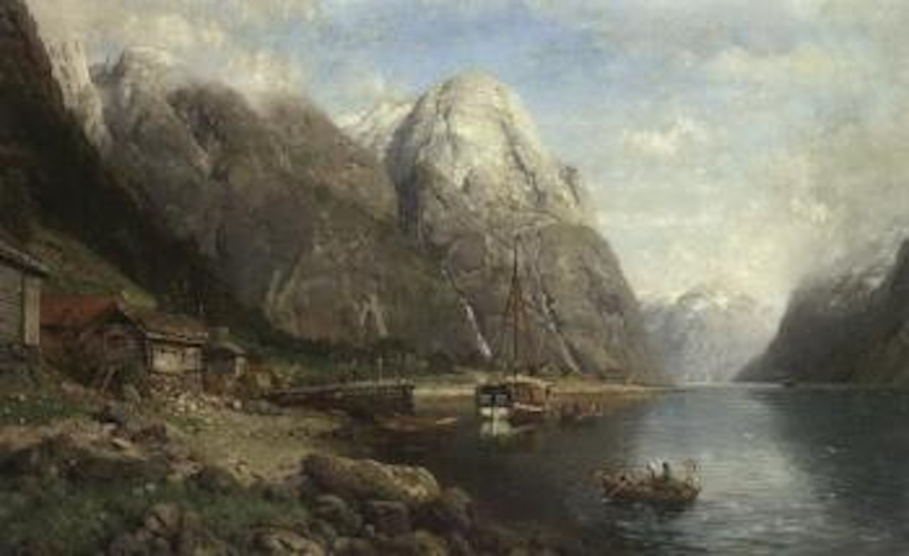Fjord landscape, west coast of Norway with figures and boats by Anders Monsen Askevold