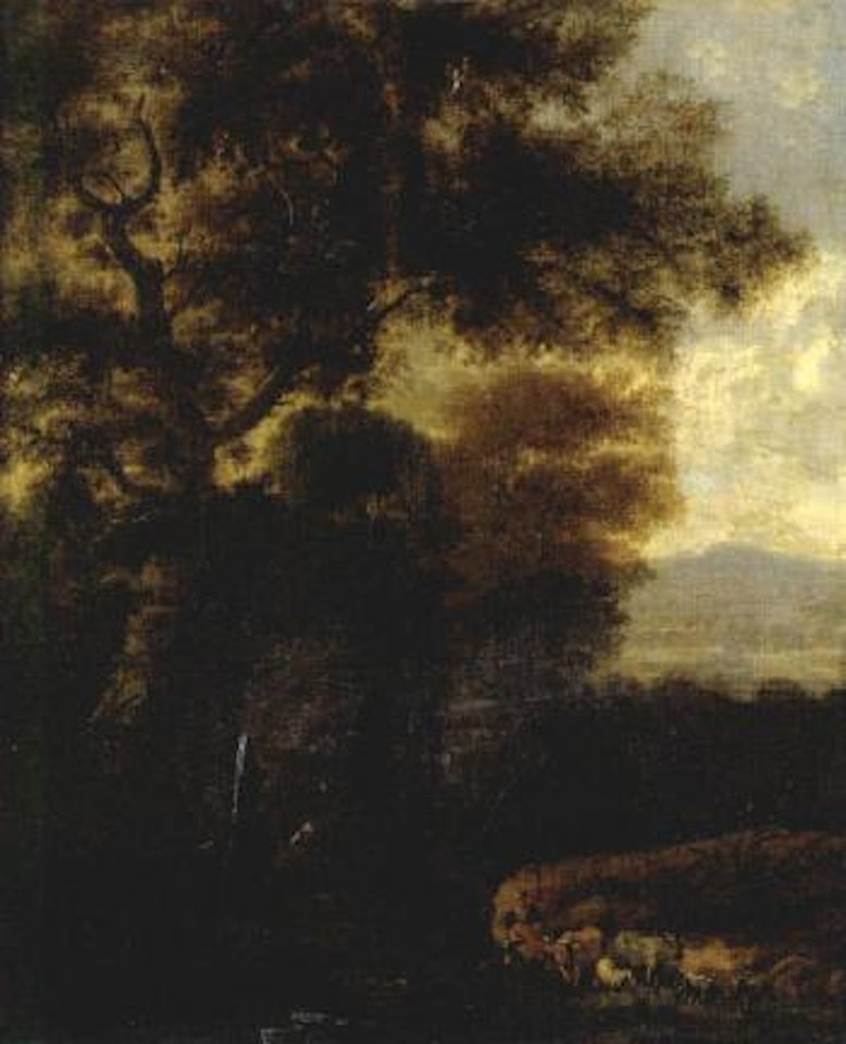 Shepherdess and flock in wooded landscape by Pieter Bout